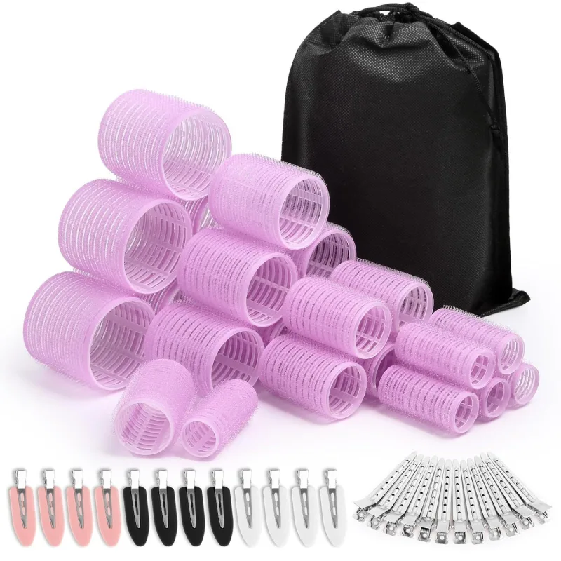 49-Piece Pink Plastic Hair Rollers Set with Clips and Storage Bag for At-Home Styling – Multi-Size Curlers for Voluminous Curls, Waves and Bangs