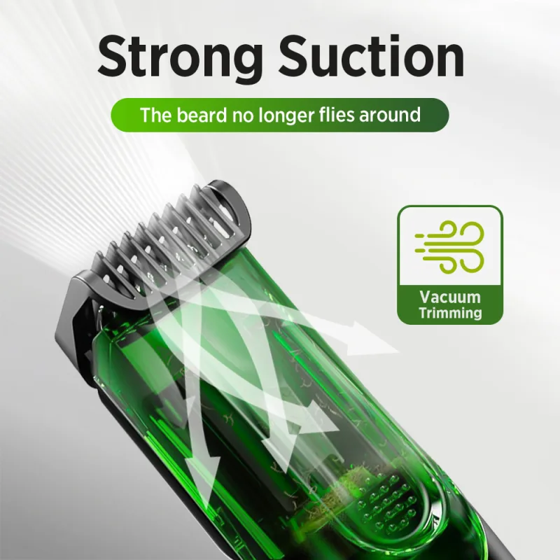 Green Beard & Hair Trimmer with Strong Vacuum Suction and Digital Display – Waterproof Rechargable Electric Clipper