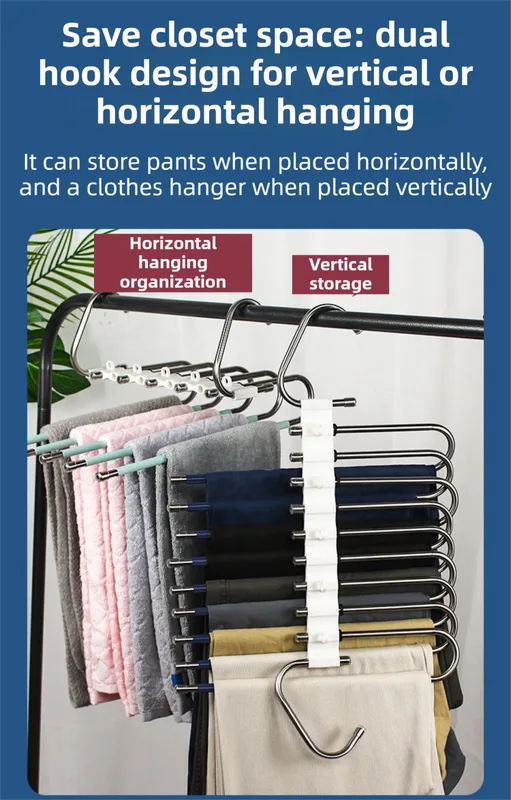 5-Layers Stainless Steel Pants Rack with Horizontal / Vertical Modes and Expandable Pull-Out Rods – High-Load Folding Magic Hanger – Silver