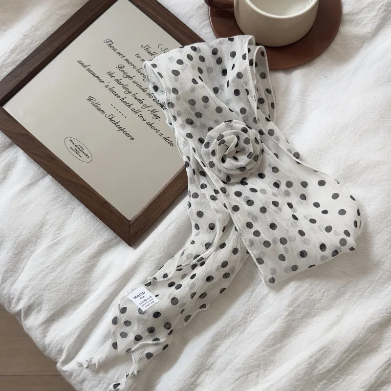 2 Pcs Dot Pattern Rose Flower Thin Scarf – Elegant and Versatile Neck Wrap for Women – White