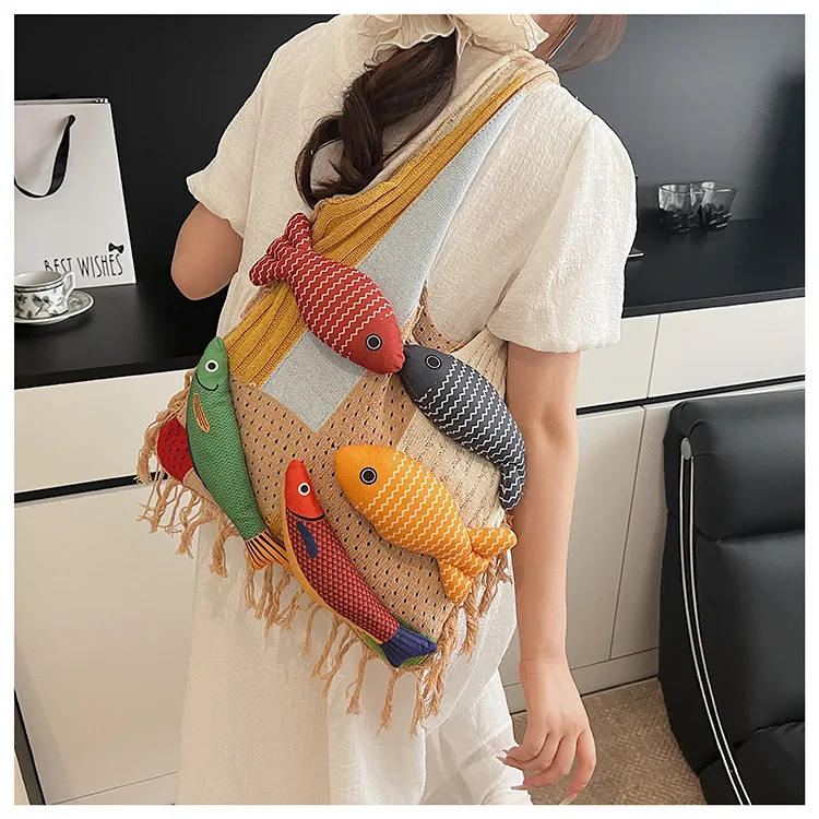 handbag strap Knitted Patchwork Tote Bag – Spacious, Fringed, Single-Shoulder Design – Green