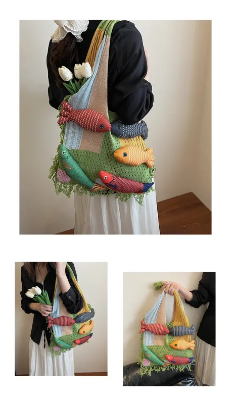 handbag strap Knitted Patchwork Tote Bag – Spacious, Fringed, Single-Shoulder Design – Green