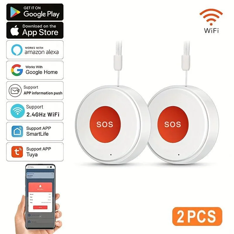 elderly emergency button, SOS medical alarm, wireless emergency system, remote notification, one-click call, senior safety device, care alert button, fall detection alternative, GPS medical alert, personal emergency response system – White – Size 2PCS