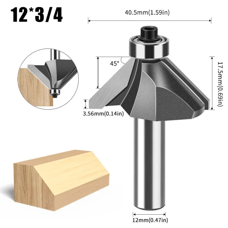 12mm*1/4  45-Degree Chamfer Router Bit for Woodworking Edge Shaping for Furniture and Cabinet Projects(Gray)