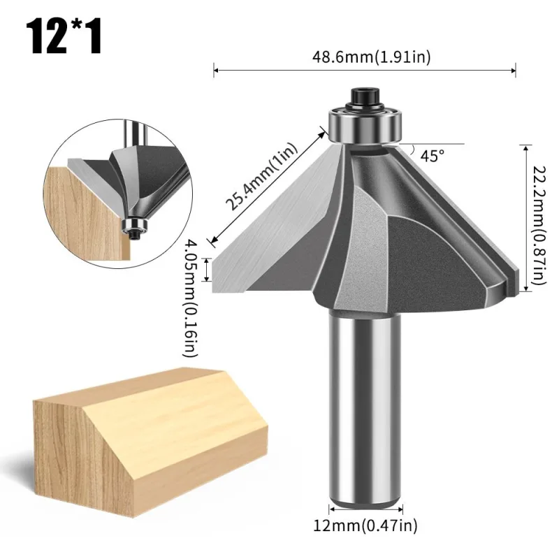 12mm*1/2 45-Degree Chamfer Router Bit for Woodworking Edge Shaping for Furniture and Cabinet Projects(Gray)