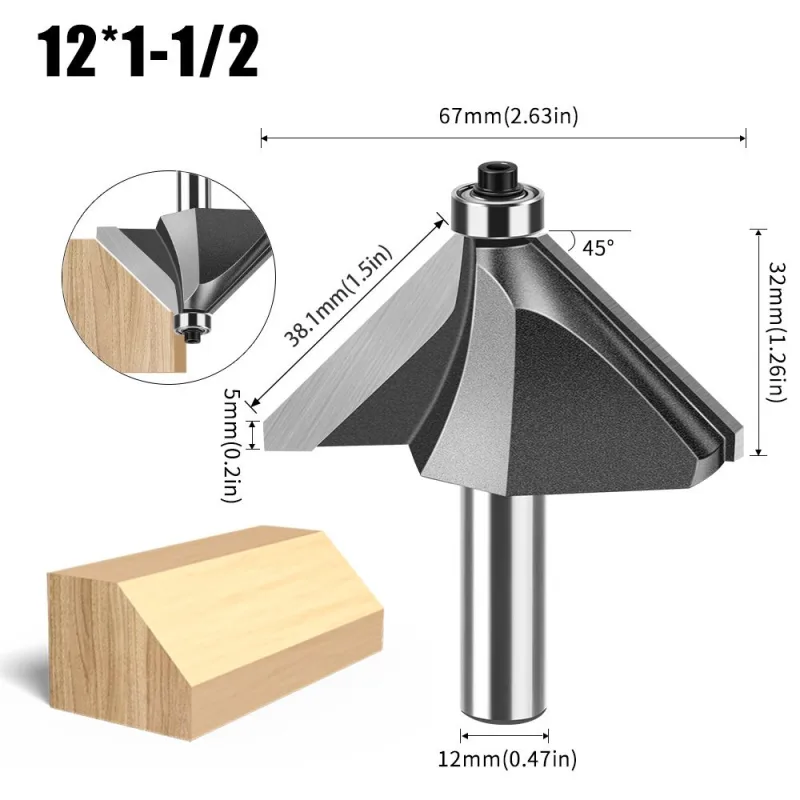 12mm*1/2 45-Degree Chamfer Router Bit for Woodworking Edge Shaping for Furniture and Cabinet Projects(Gray)
