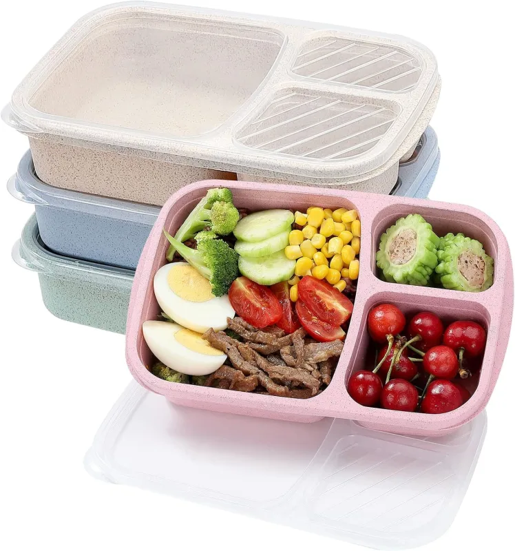 4-Pack Wheat Straw Bento Box Set with 3 Compartments for Meal Prep, Office & School Lunch, Microwave Safe (Pink Green Blue Beige) 4-Pack Wheat Straw Bento Box Set with 3 Compartments for Meal Prep, Office & School Lunch, Microwave Safe (Pink Green Blue Beige)