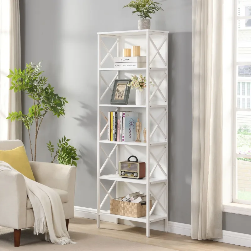 6 Tier Tall Bookshelf, White 6 Tier Tall Bookshelf, White
