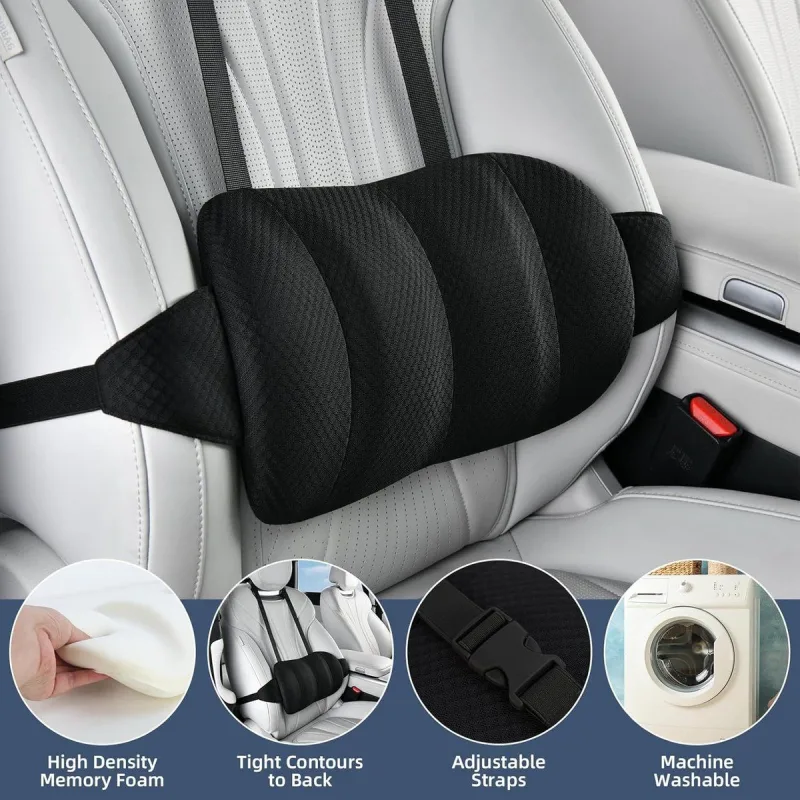 Car Lumbar Support Cushion Height Adjustable with Straps Black, 40 x 19 x 8 cm