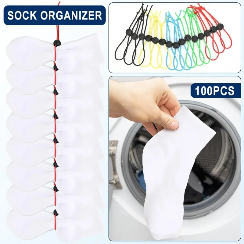 100 Pcs Sock Clips for Laundry, Adjustable Sock Holder Organizer for Washer Dryer, 5 Colors