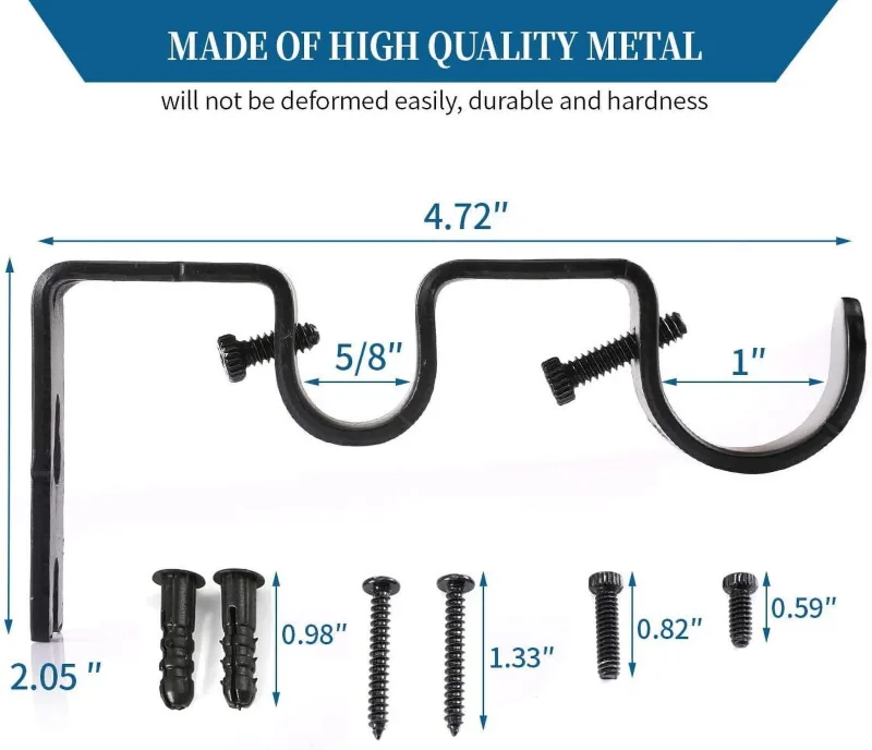 2 Pack Double Curtain Rod Brackets, Heavy Duty Metal Holders for 1 In and 5/8 In Rods, Black