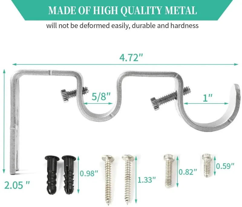 2 Pack Double Curtain Rod Brackets, Heavy Duty Metal Holders for 1 In and 5/8 In Rods, Silver