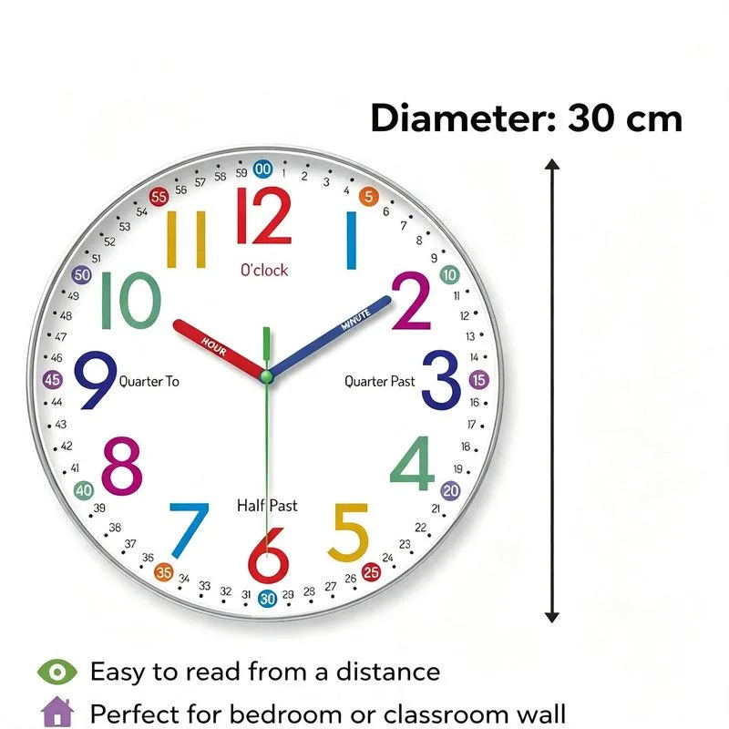 30 cm Children’s Educational Wall Clock, Silent Color-Coded Learn-to-Tell-Time Clock