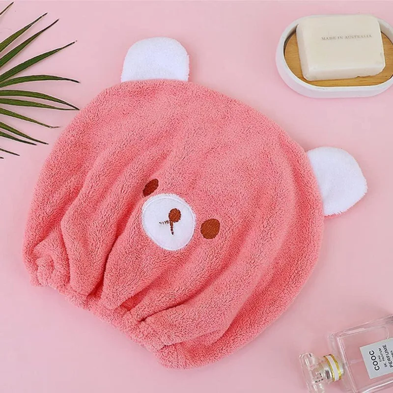 2-Pack Kids Microfiber Hair Towel Caps, Pink and Brown Cartoon Bear Quick-Dry Shower Wraps