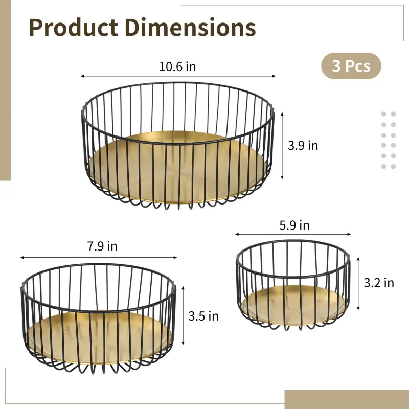 3PCS Metal Fruit Basket Set for Kitchen Counter, Decorative Wire Baskets with Detachable Tray, Modern Fruit Bowl for Fruits, Snacks, and Vegetable Storage