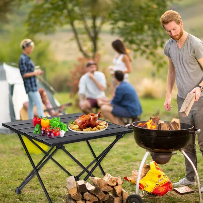 Camping Table, Folding Portable Camp Side Table, Lightweight Camping Table with Carry Bag, Ideal for Beach Outdoor Hiking Picnics BBQ Cooking Dining Kitchen, Black