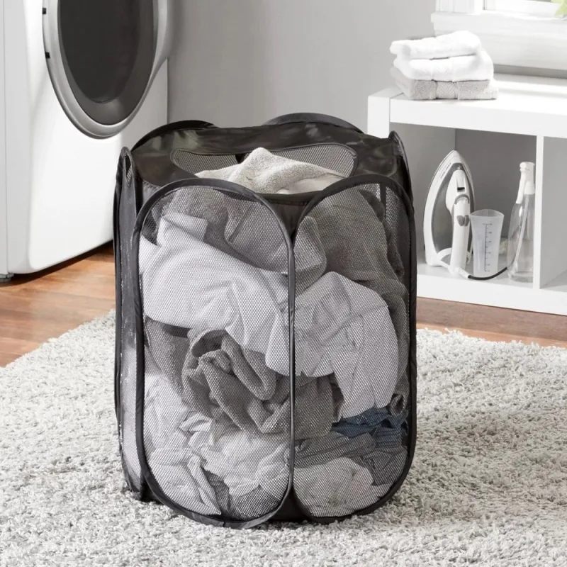 Polyester Mesh Hexagon Pop-up Laundry Hamper, Black