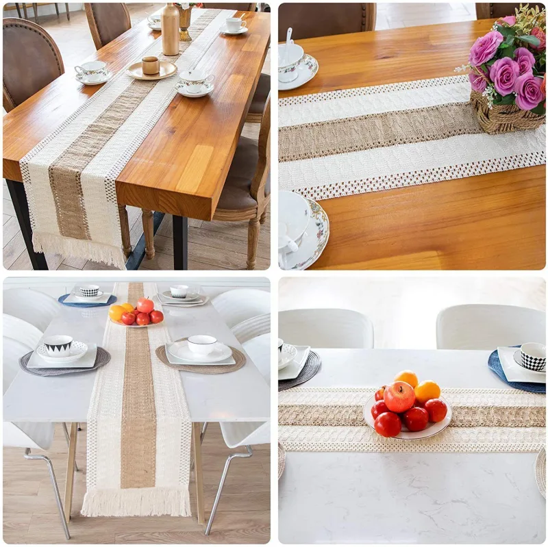 2-Pack Table Runner MX11, White Base with Black Quadrilateral Pattern, With Tassels