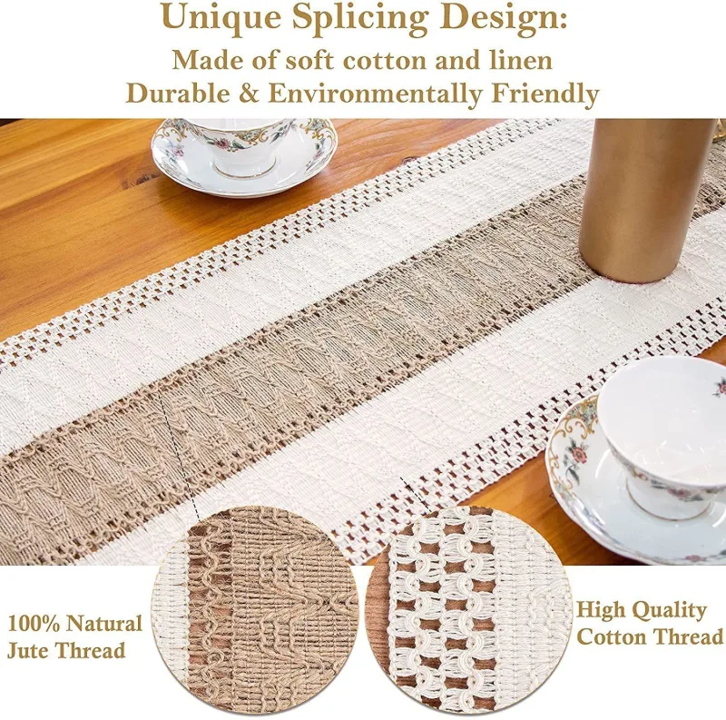 2-Pack Table Runner MX101, Beige Striped Texture, With Tassels