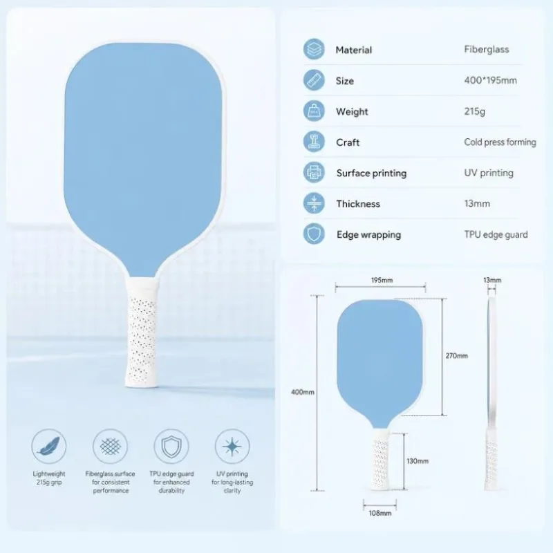 Minimal Fiberglass Pickleball Paddle Grey Blue, Lightweight Lessens Arm Soreness, Dad Xmas Gift