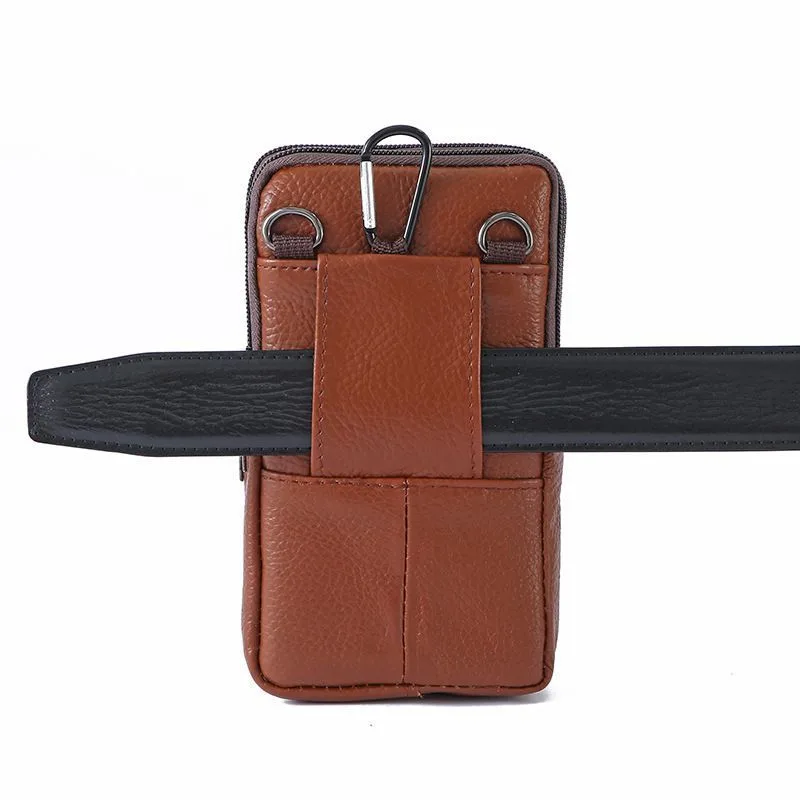 Multi-Purpose Leather Phone Waist Pack For Men, Black, Portable Daily Outdoor Shoulder Pouch