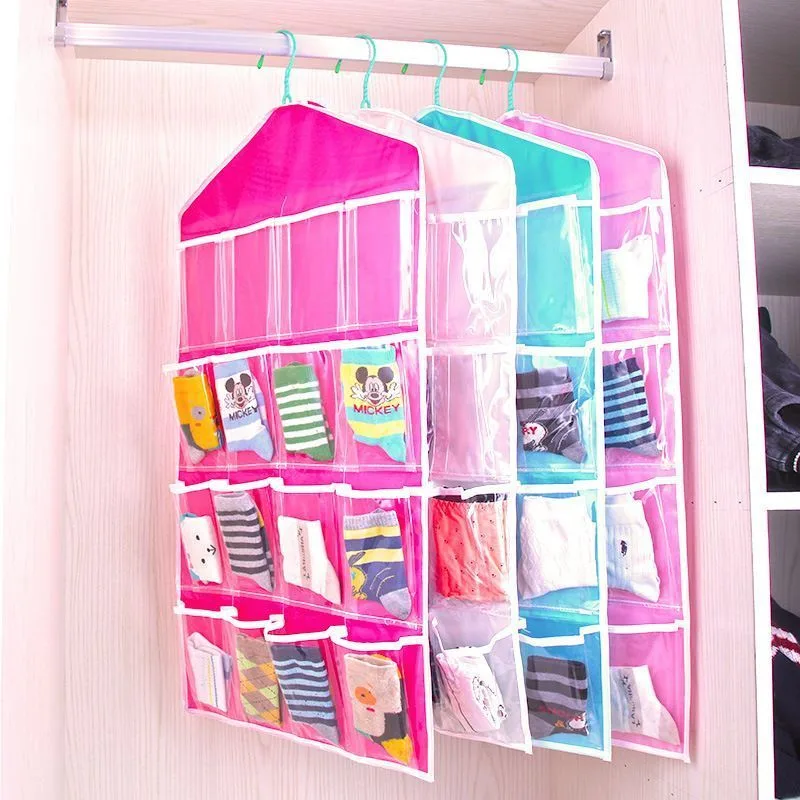 2 Pack Clear View 16 Compartment Hanging Pouches, Sock Underwear Sorting Bag, Pink, Practical Housewarming Gift