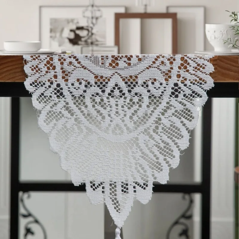 Long Lace Tassel Table Runner 33x183cm, White, Luxury Decor For Large Dining Tables