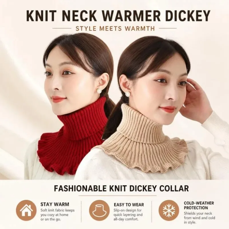 2-Pack thick black knitted mock high collar neck tubes, full wind shield two-piece wardrobe layering kit
