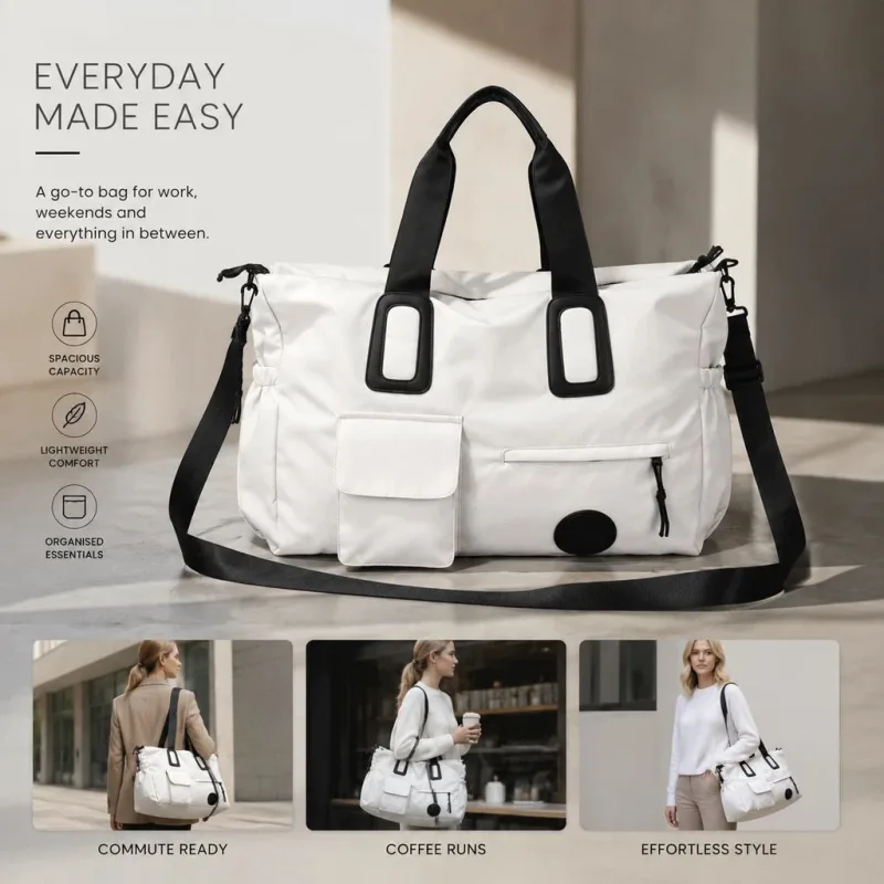 Spacious Lightweight Overnight Carry Bag, Workout & Casual Shoulder Hand Bag, White Spacious Lightweight Overnight Carry Bag, Workout & Casual Shoulder Hand Bag, White