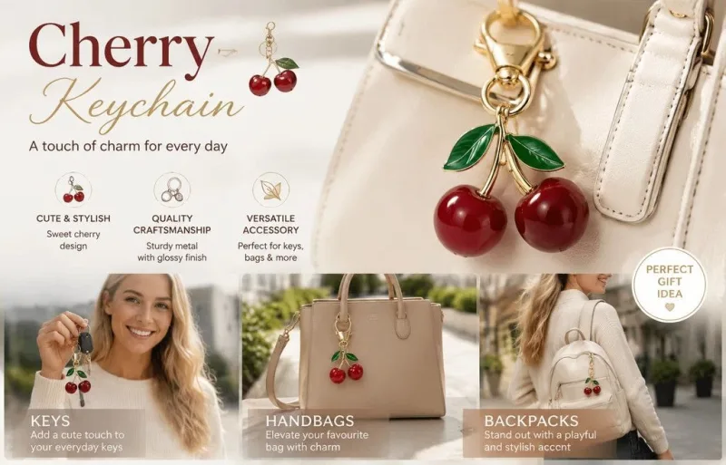 Delicate Pink Cherry Keychain with twin gold leaves, adding soft romantic glow to every bag you carry