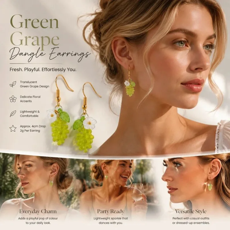 Soft Nature Drop Earrings, Transparent Green Grape Single Bloom And Leaf, One Pair Soft Nature Drop Earrings, Transparent Green Grape Single Bloom And Leaf, One Pair
