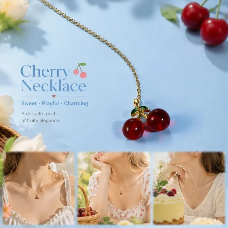 Tiny Fruit Pendant Necklace, Transparent Mini Cherry Ornament For Daily Outfits Tiny Fruit Pendant Necklace, Transparent Mini Cherry Ornament For Daily Outfits