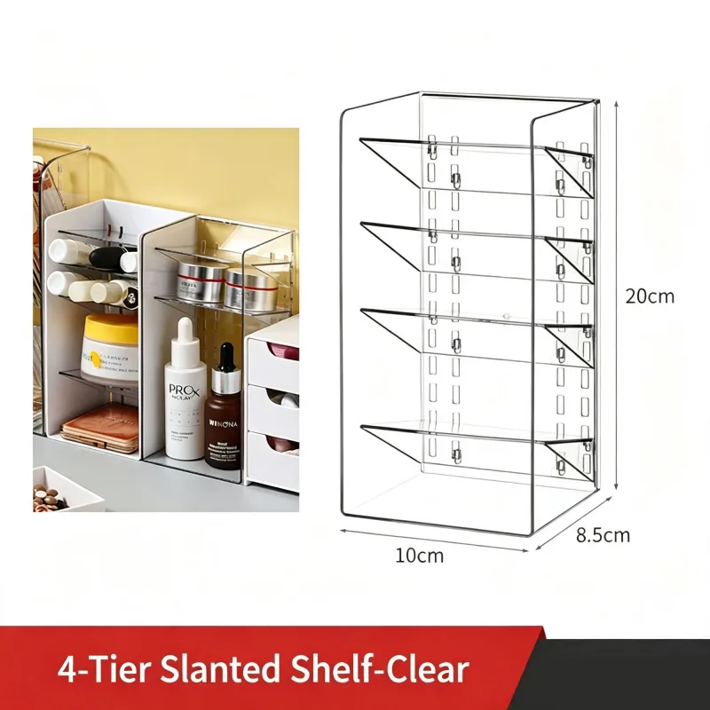 4 Tier Slanted Grid Acrylic Storage Rack, Clear Cosmetic Display Holder For Makeup Brushes & Skincare Items 4 Tier Slanted Grid Acrylic Storage Rack, Clear Cosmetic Display Holder For Makeup Brushes & Skincare Items