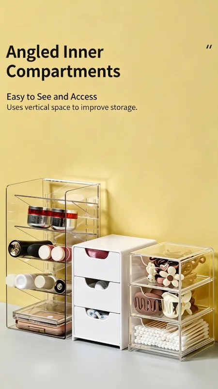 4 Tier Slanted Grid Acrylic Storage Rack, Clear Cosmetic Display Holder For Makeup Brushes & Skincare Items