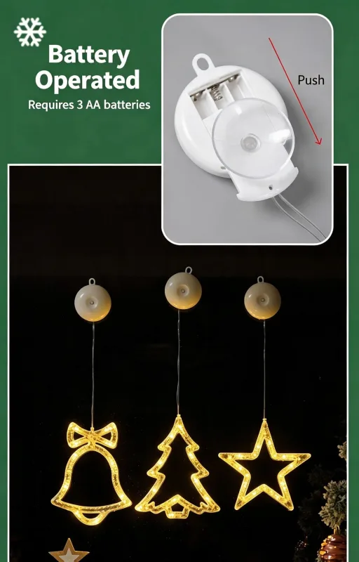 Warm White Christmas Tree LED Suction Curtain Lights, Battery Operated Festive Window Holiday Lighting