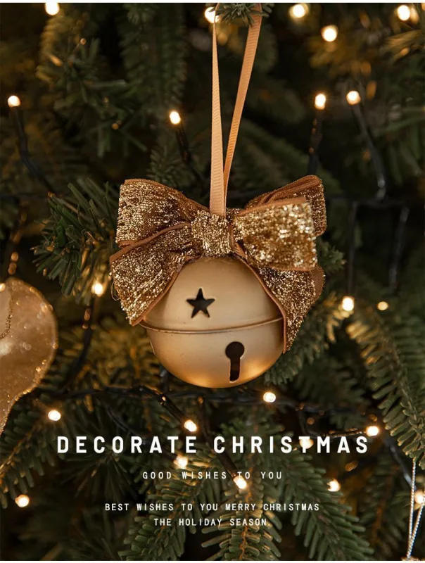 Single Iron Bell Decor With Red Velvet Bow, Classic Xmas Tree And Door Hanging Ornament