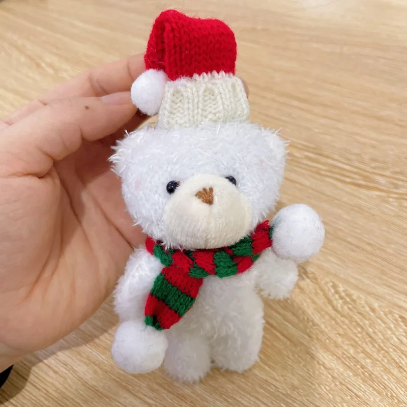 Brown Fluffy Christmas Bear with Pointed Hat and Red & Green Scarf, Cute Desktop Ornament for Xmas Scene Decoration and Tiny Festival Gifts
