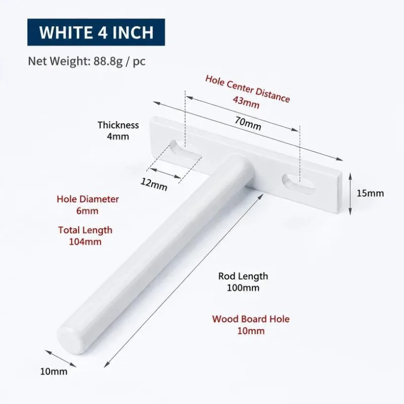 4″ White Hidden T Shelf Bracket 6Pcs w/ 5×60&5×80 Screws