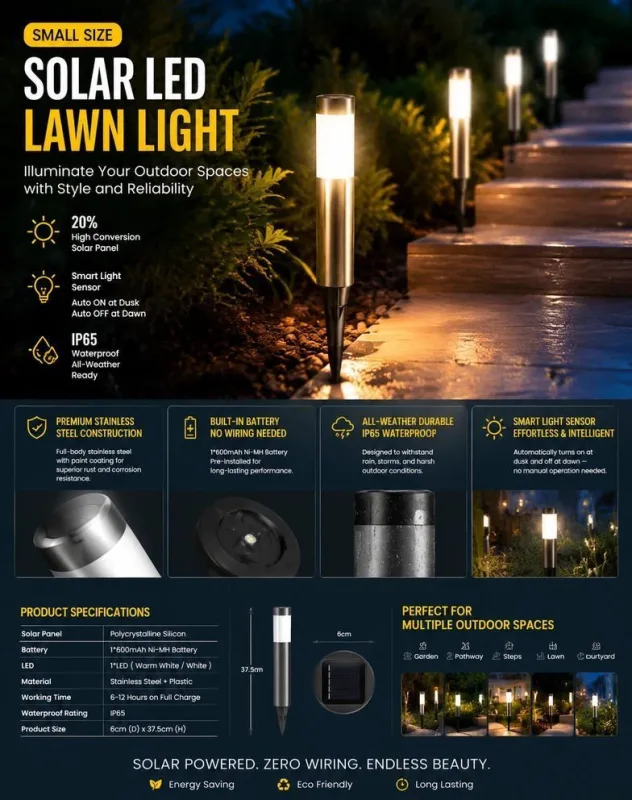Small Black Cool White Solar LED Path Light 2Pcs