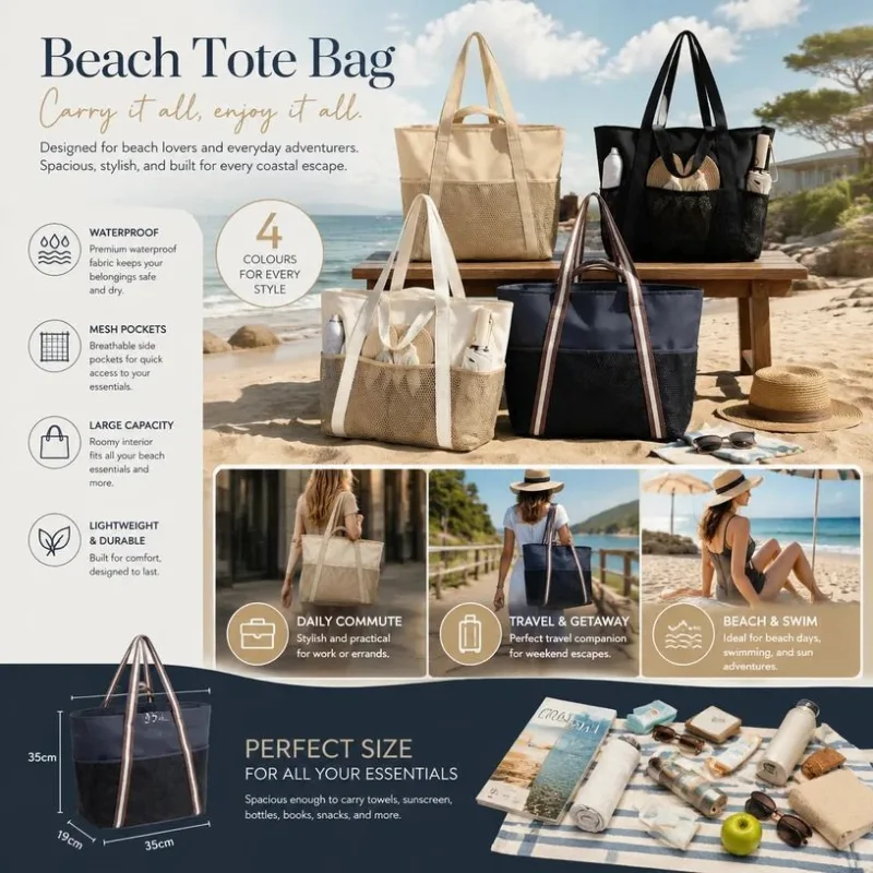 Solid Black Multi-purpose Waterproof Tote Large Beach Handbag