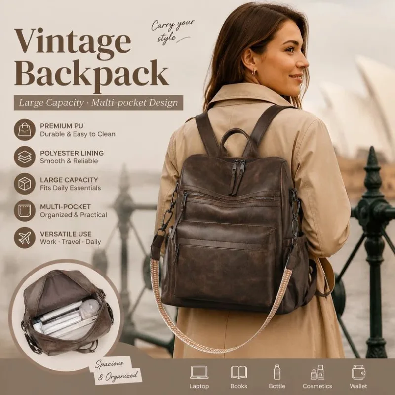 Two-Tone Coffee Textured Women Retro Backpack Multi Functional Large Capacity Bag