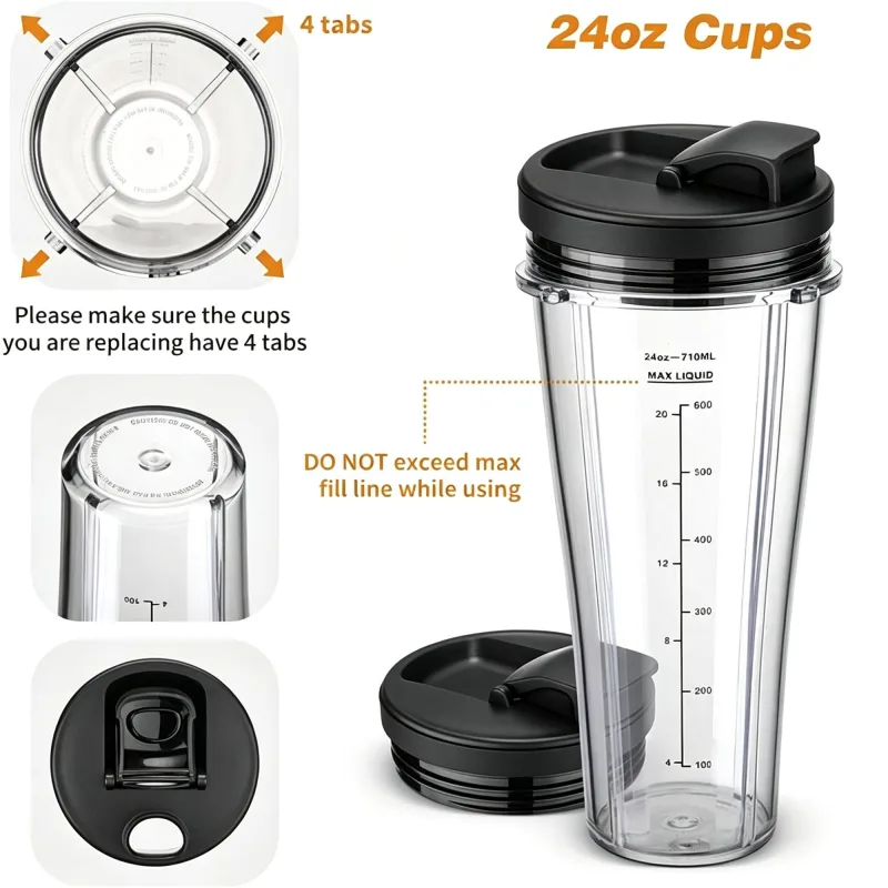 Replacement Ninja Blender Cup Compatible with 32oz 24oz 18oz BL480 BL482,2Pcs 18oz Blender Cups & 2Pcs Flip” Top op Lids,Halloween Kitchen Replacement Parts Gift