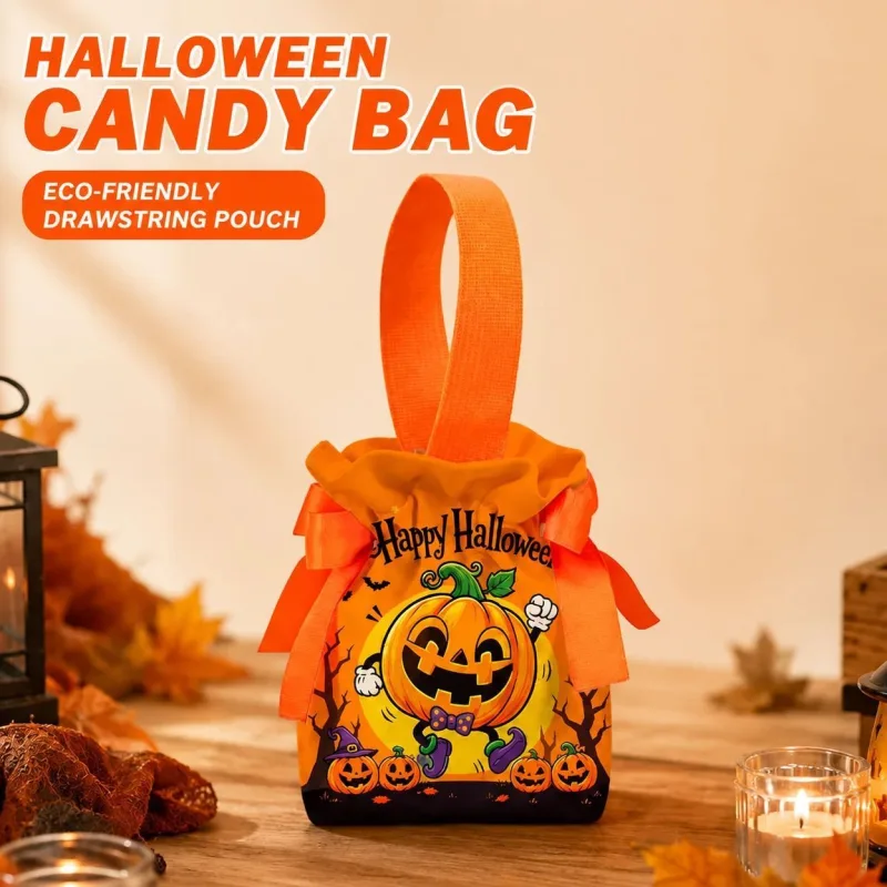 8Pcs Orange Halloween Pumpkin Drawstring Bags
