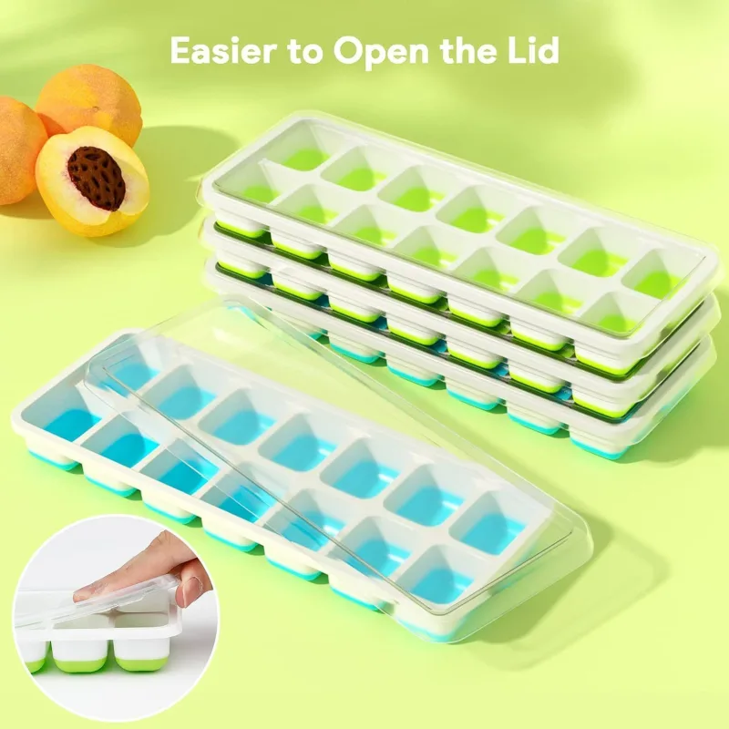 6Pcs 14-Grid Square Silicone Ice Cube Trays, Soft Bottom Ice Molds – Green ,large