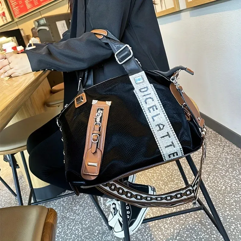 Minimalist Stylish Multi-Function Bag, PU Material, Contrast Stitching & Rhinestone, Shoulder / Crossbody / Handheld, Large Capacity, Polyester Lining, Daily Commute Versatile. – Black