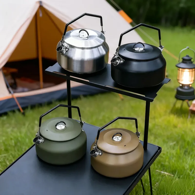 Portable Camping Kettle, 304 Stainless Steel, 1000ML Ultra-Light, Self-Standing Silicone Grip, Damping Lid, Dual-Ring Base. (BLACK)