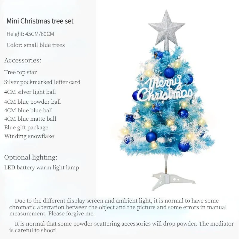 45cm Blue Mini Christmas Tree Set | Includes Star Topper, Letter Sign, Ornament Balls & Snowflake Decorations, Fresh & Dreamy Desktop Holiday Décor (No Lights Version)