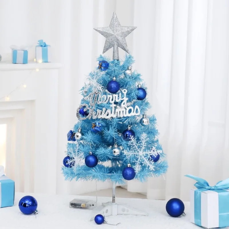 45cm Blue Mini Christmas Tree Set | Includes Star Topper, Letter Sign, Ornament Balls & Snowflake Decorations, Fresh & Dreamy Desktop Holiday Décor (Lighted Version: LED Battery Warm Light Lamp)