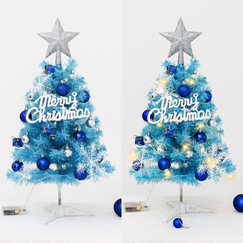 60cm Blue Mini Christmas Tree Set | Includes Star Topper, Letter Sign, Ornament Balls & Snowflake Decorations, Fresh & Dreamy Desktop Holiday Décor (Lighted Version: LED Battery Warm Light Lamp)