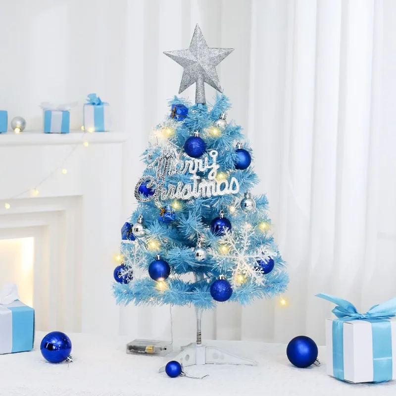 60cm Blue Mini Christmas Tree Set | Includes Star Topper, Letter Sign, Ornament Balls & Snowflake Decorations, Fresh & Dreamy Desktop Holiday Décor (Lighted Version: LED Battery Warm Light Lamp)